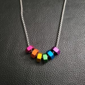 Unisex rainbow hex nut necklace, stainless steel chain